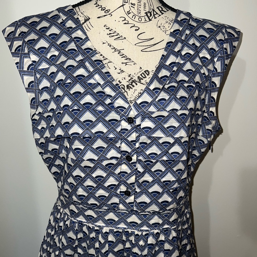 Tory Burch Blue White Geometric Print Sleeveless Pleated Dress Size 10 - Picture 3 of 13